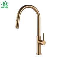 Brass Pull Out Spray Gold Color Kitchen Faucet Hot Cold Water Tap